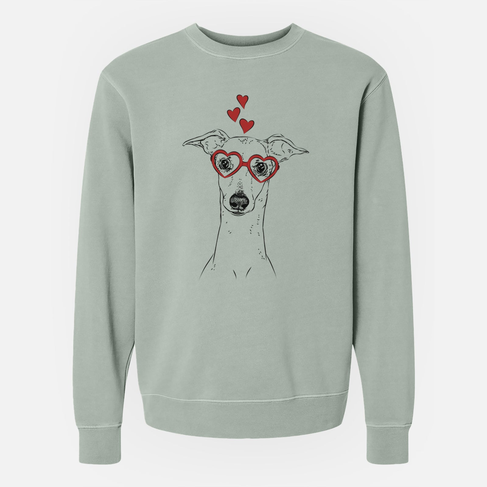 Hand-drawn sketch of Pip the Italian Greyhound wearing heart-shaped glasses on a Sage Unisex pigment dyed crew sweatshirt