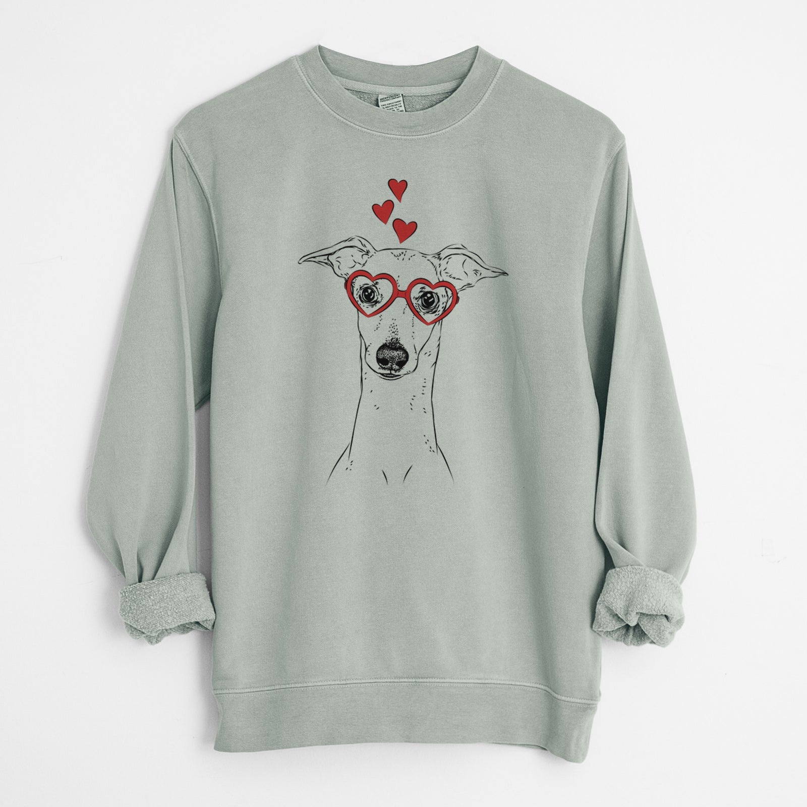 Hand-drawn sketch of Pip the Italian Greyhound wearing heart-shaped glasses on a Sage Unisex pigment dyed crew sweatshirt