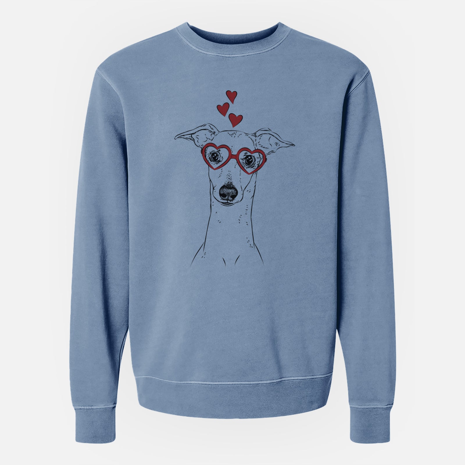 Hand-drawn sketch of Pip the Italian Greyhound wearing heart-shaped glasses on a Slate Blue Unisex pigment dyed crew sweatshirt