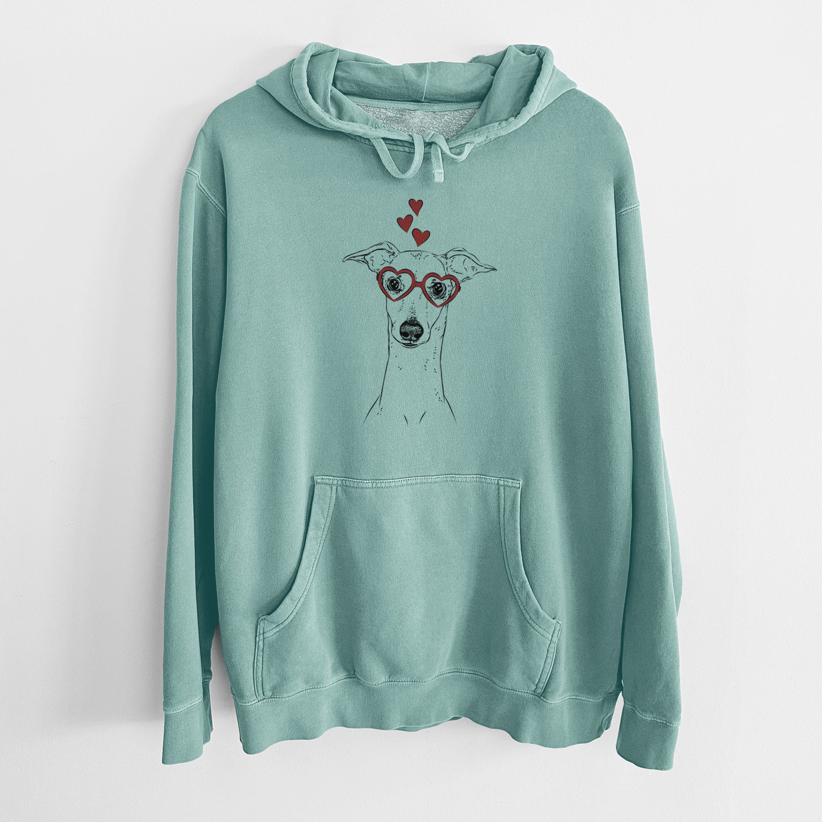 Hand-drawn sketch of Pip the Italian Greyhound wearing heart-shaped glasses on a Mint Unisex pigment dyed hoodie