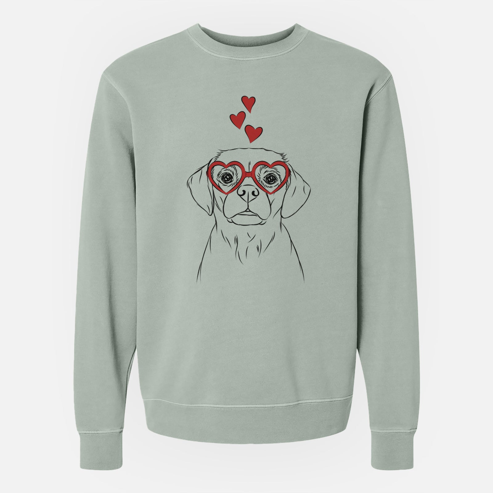 Hand-drawn sketch of Popcorn the Puggle wearing heart-shaped glasses on a Sage Unisex pigment dyed crew sweatshirt