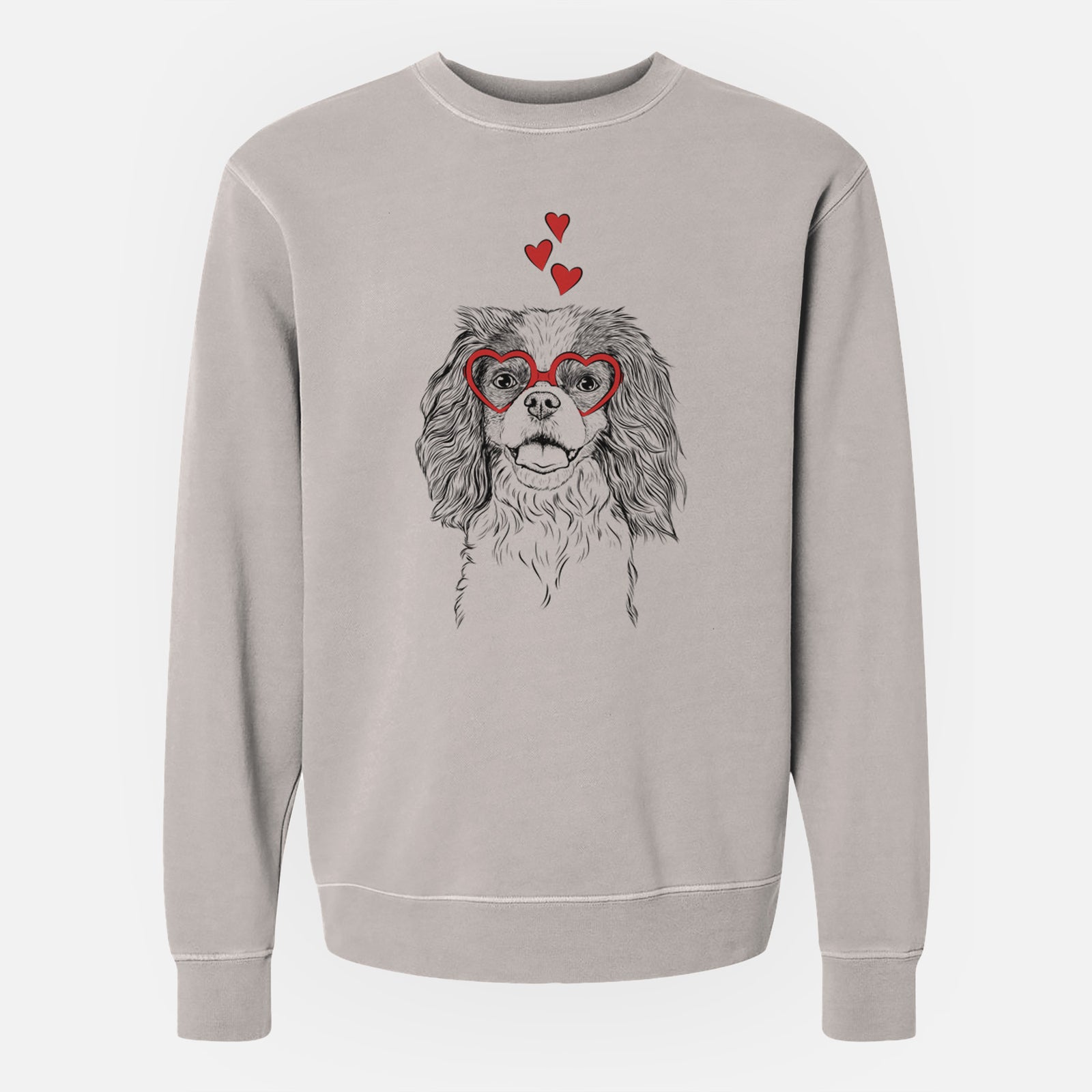 Hand-drawn sketch of Poppy the Cavalier King Charles Spaniel wearing heart-shaped glasses on a Cement Unisex pigment dyed crew sweatshirt
