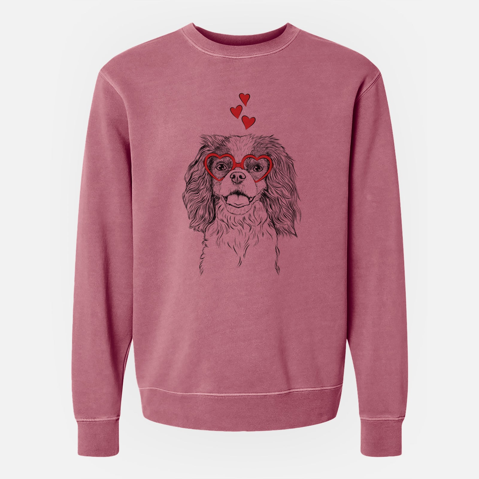 Hand-drawn sketch of Poppy the Cavalier King Charles Spaniel wearing heart-shaped glasses on a Maroon Unisex pigment dyed crew sweatshirt