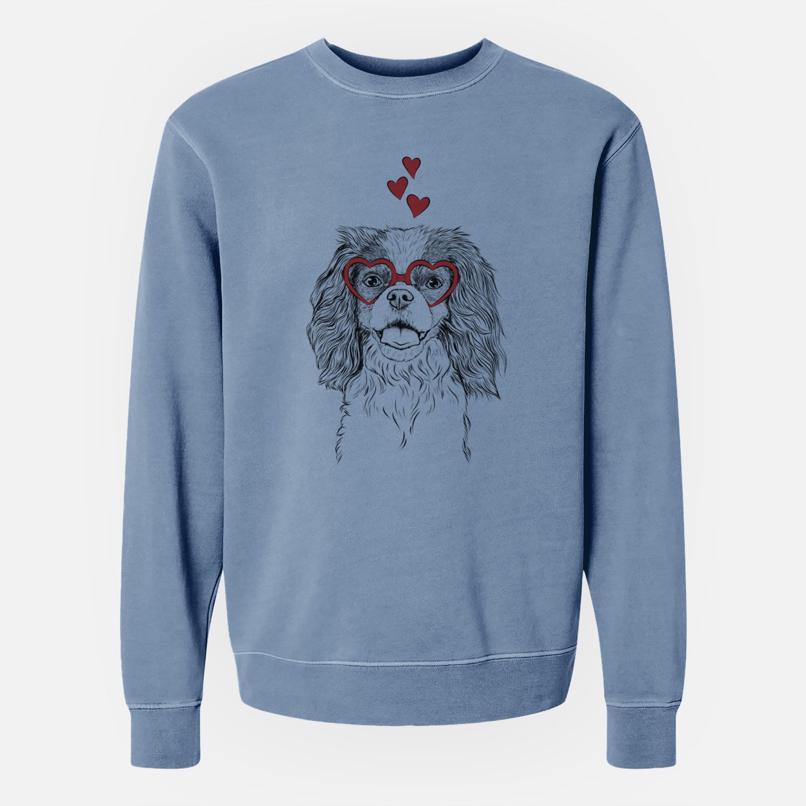 Hand-drawn sketch of Poppy the Cavalier King Charles Spaniel wearing heart-shaped glasses on a Slate Blue Unisex pigment dyed crew sweatshirt