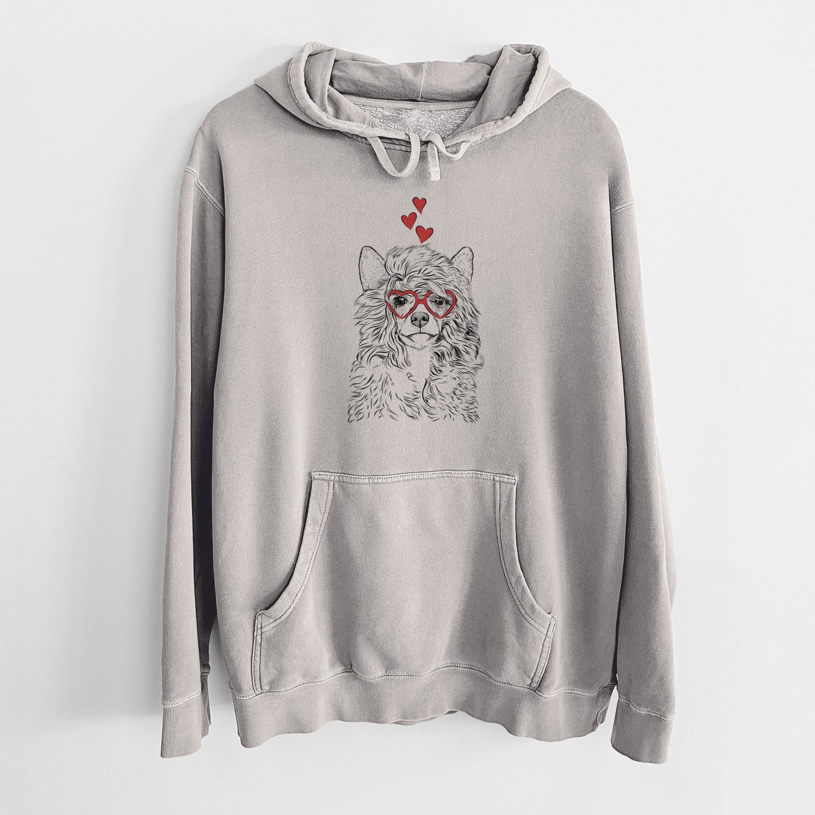 Hand-drawn sketch of Preston the Powderpuff Chinese Crested wearing heart-shaped glasses on a Cement Unisex pigment dyed hoodie