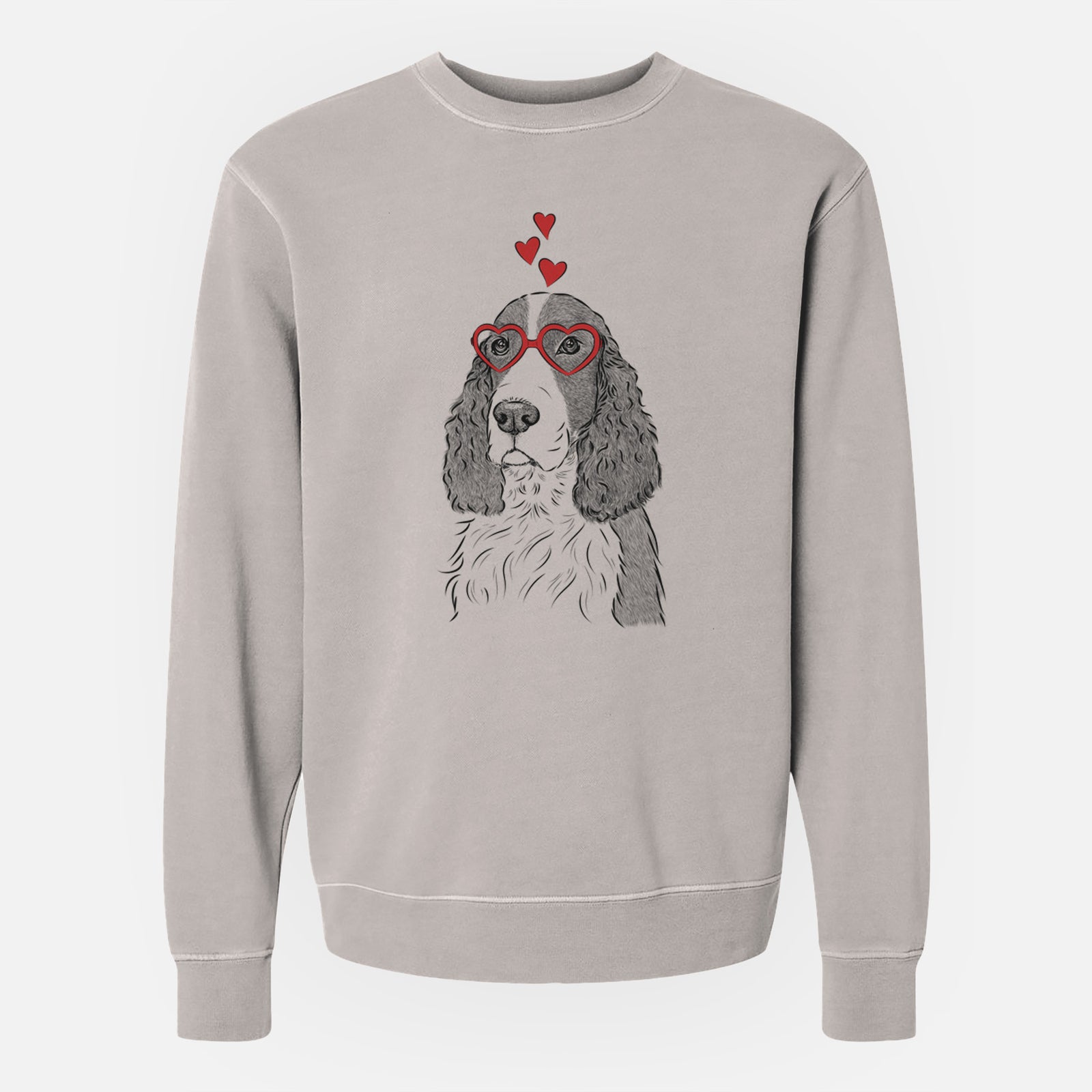 Hand-drawn sketch of Quincy the English Springer Spaniel wearing heart-shaped glasses on a Cement Unisex pigment dyed crew sweatshirt