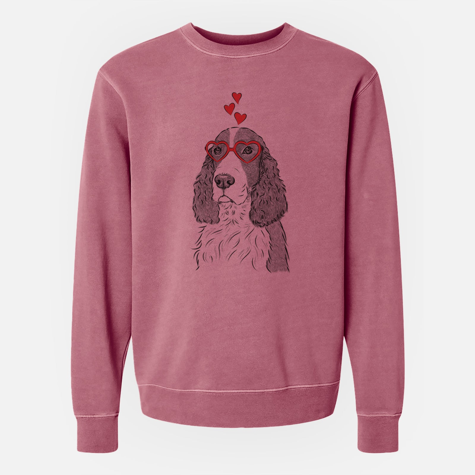 Hand-drawn sketch of Quincy the English Springer Spaniel wearing heart-shaped glasses on a Maroon Unisex pigment dyed crew sweatshirt