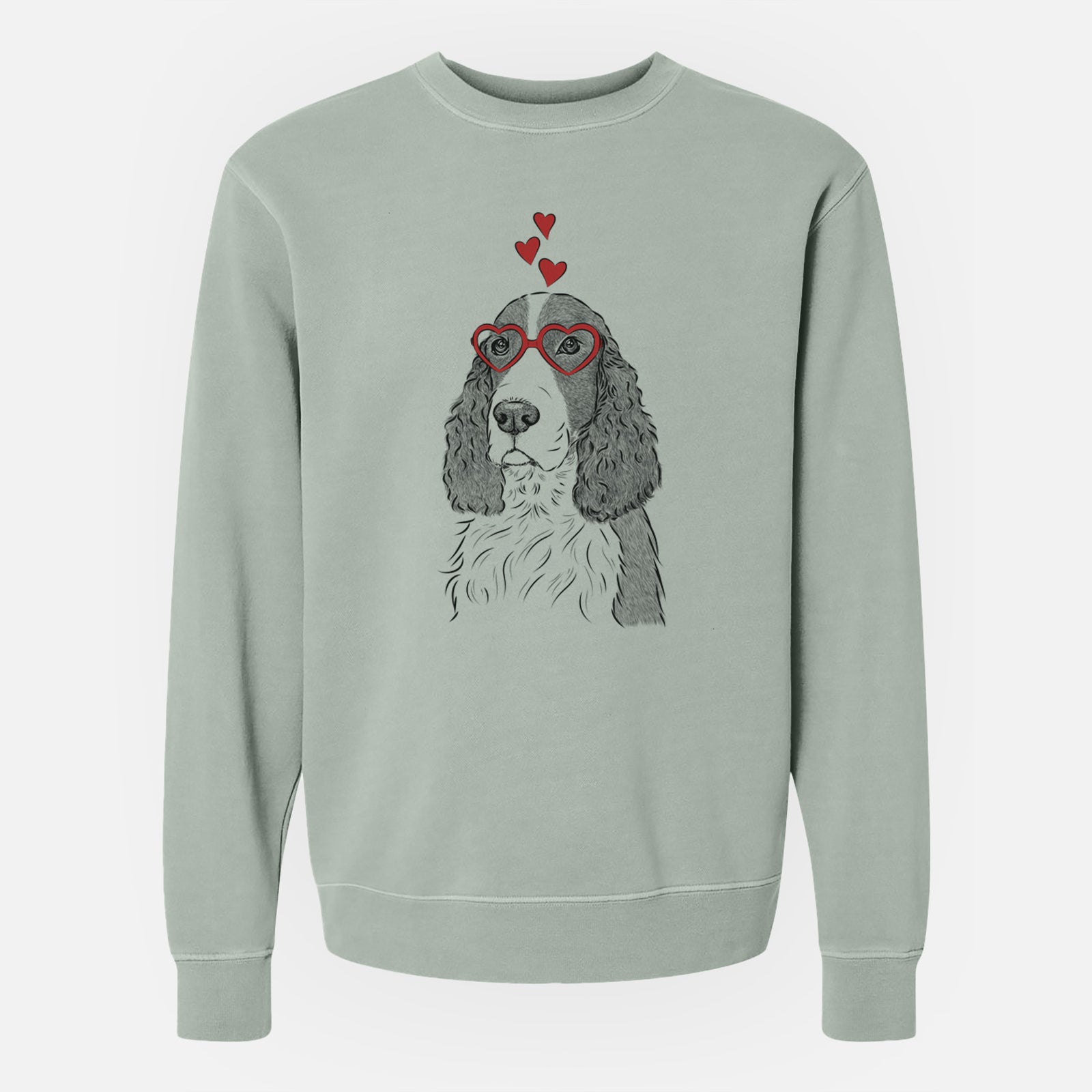 Hand-drawn sketch of Quincy the English Springer Spaniel wearing heart-shaped glasses on a Sage Unisex pigment dyed crew sweatshirt