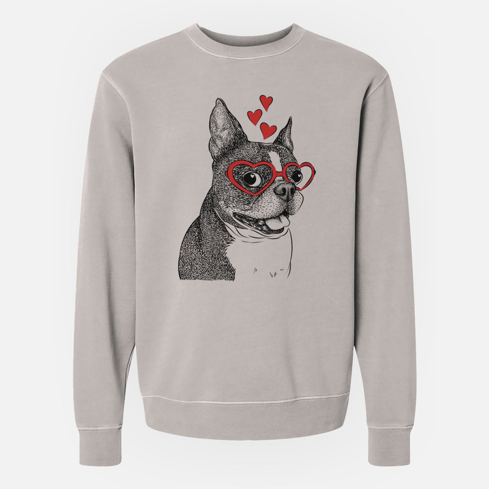 Hand-drawn sketch of Ralphie the Boston Terrier wearing heart-shaped glasses on a Cement Unisex pigment dyed crew sweatshirt