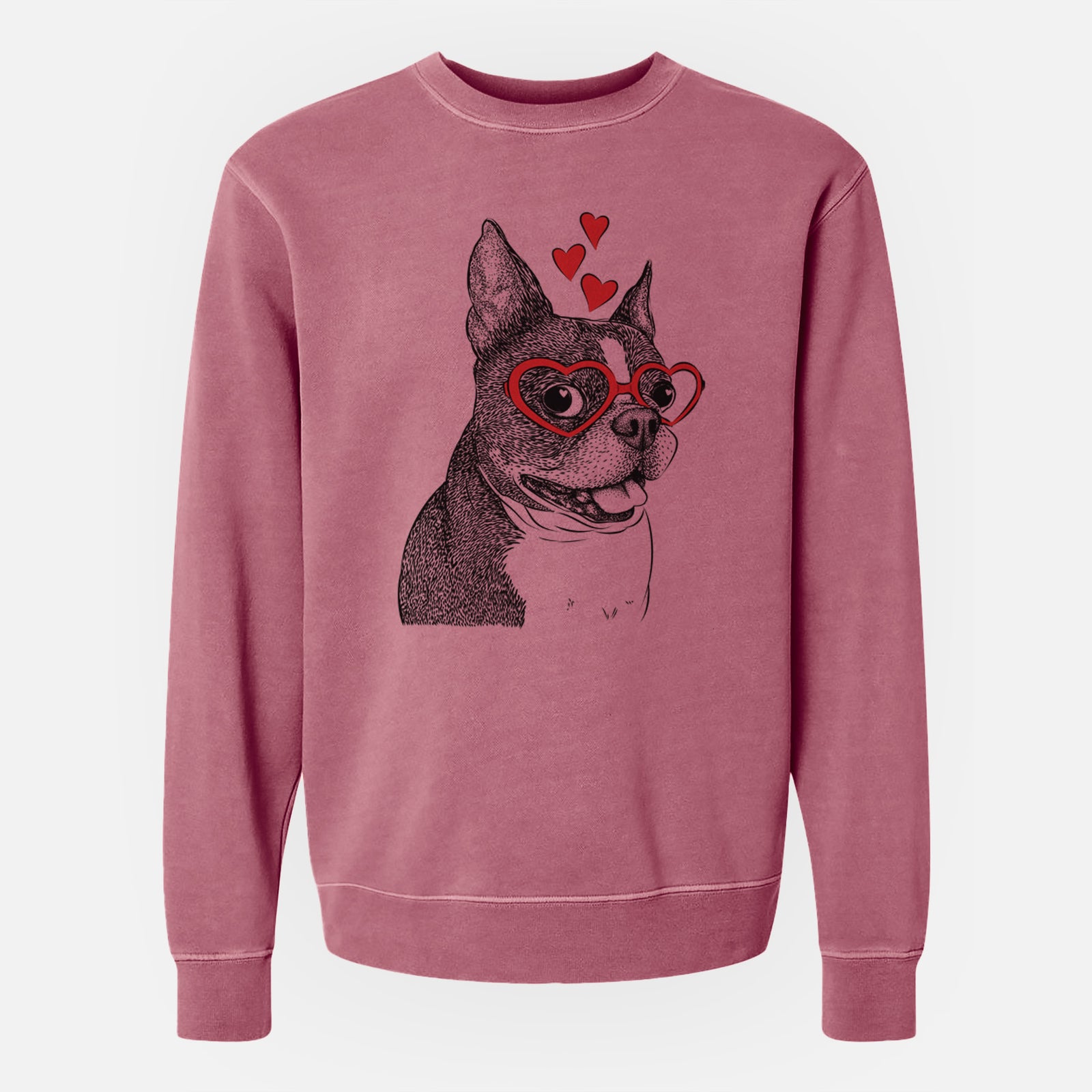 Hand-drawn sketch of Ralphie the Boston Terrier wearing heart-shaped glasses on a Maroon Unisex pigment dyed crew sweatshirt