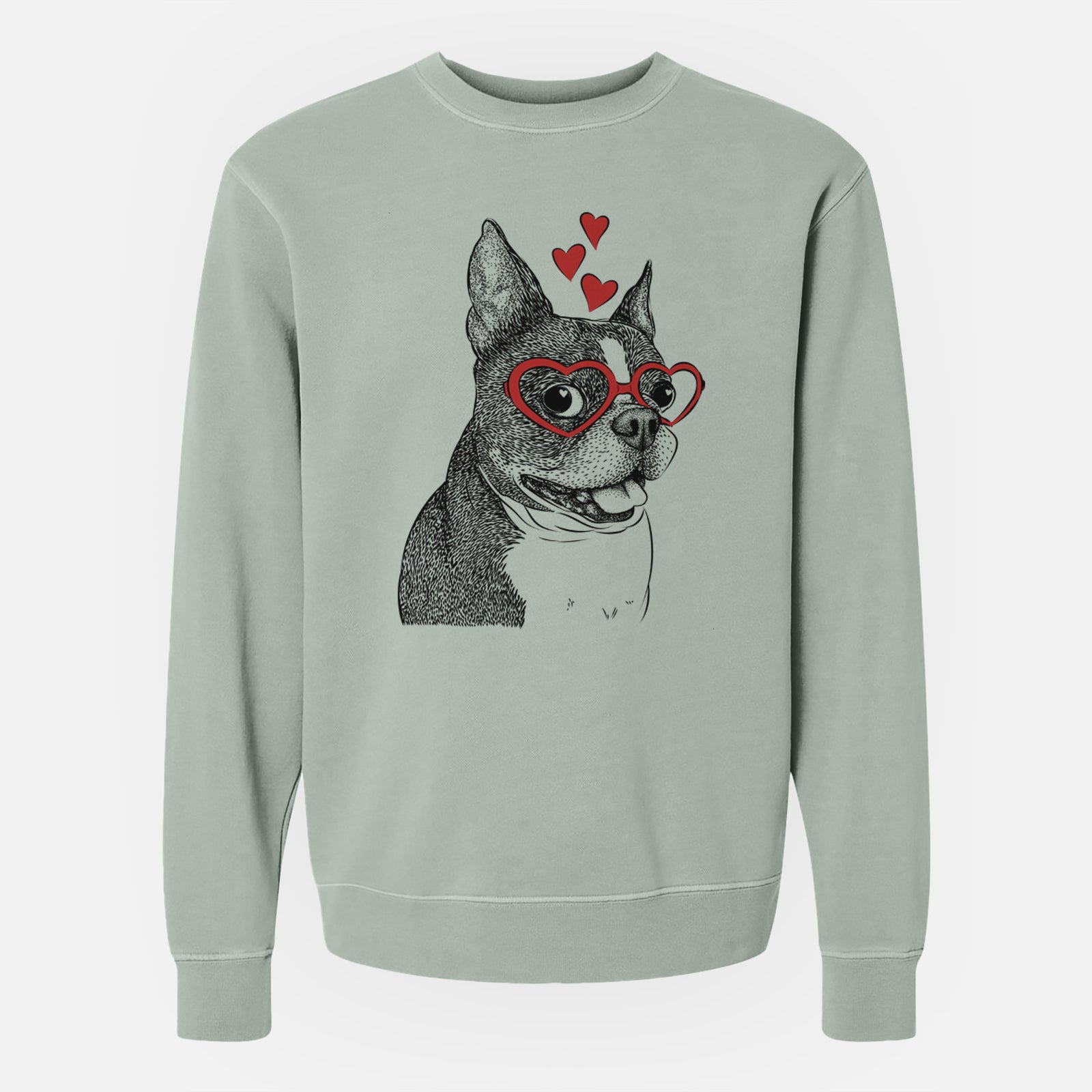 Hand-drawn sketch of Ralphie the Boston Terrier wearing heart-shaped glasses on a Sage Unisex pigment dyed crew sweatshirt