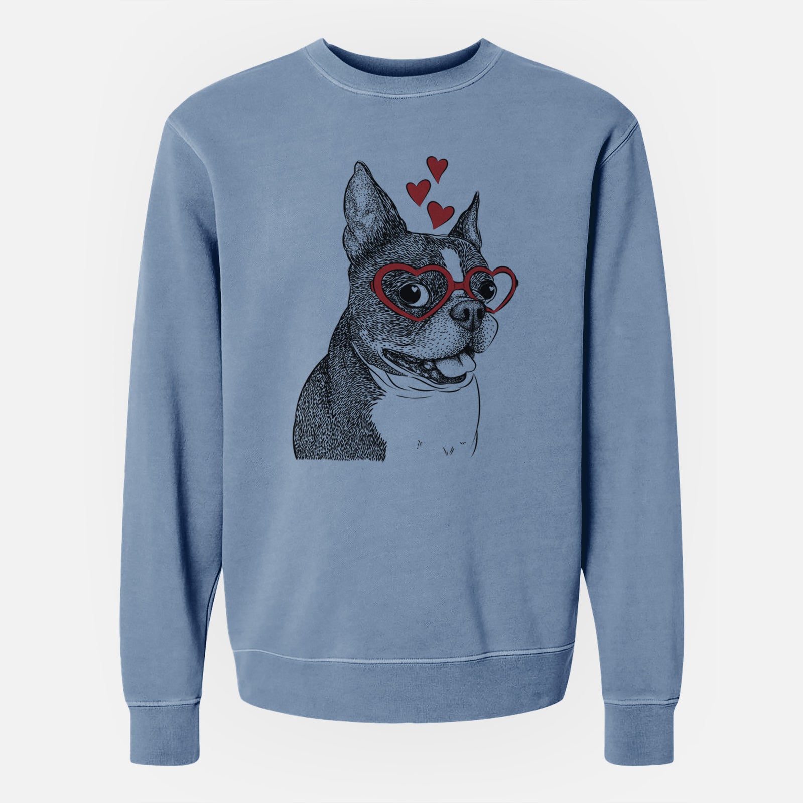 Hand-drawn sketch of Ralphie the Boston Terrier wearing heart-shaped glasses on a Slate Blue Unisex pigment dyed crew sweatshirt