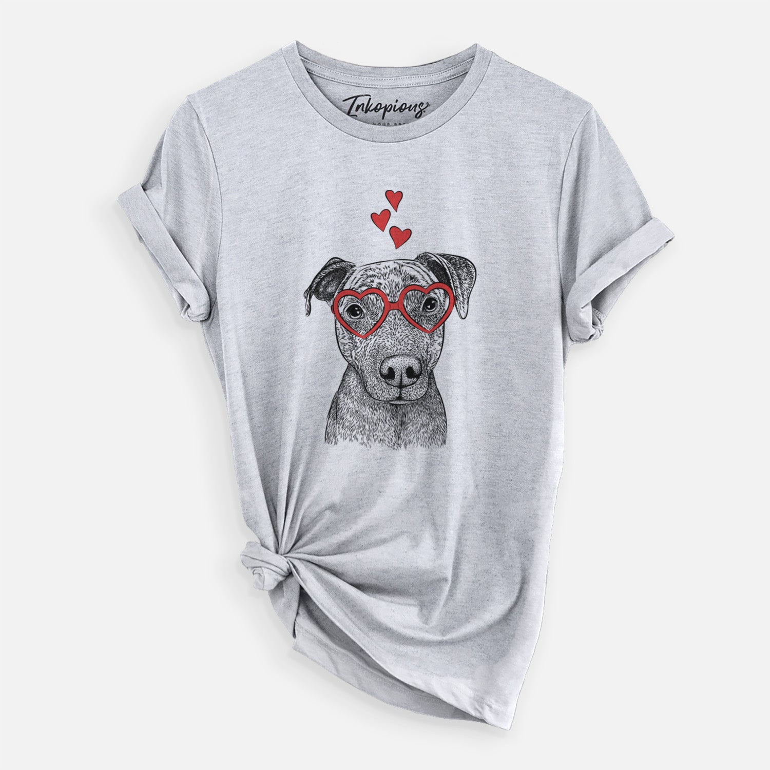 Hand-drawn sketch of Reeses the Pitbull wearing heart-shaped glasses on a Grey Unisex crewneck, worn by a woman