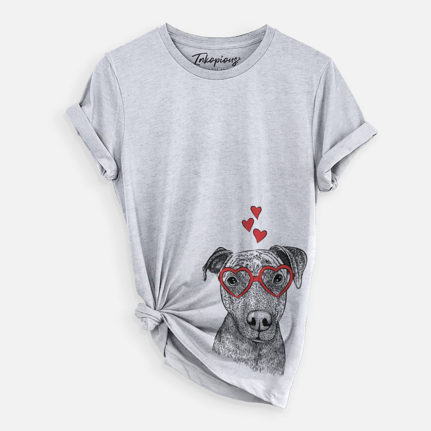 Hand-drawn sketch of Reeses the Pitbull wearing heart-shaped glasses on a Grey Unisex crewneck, worn by a woman