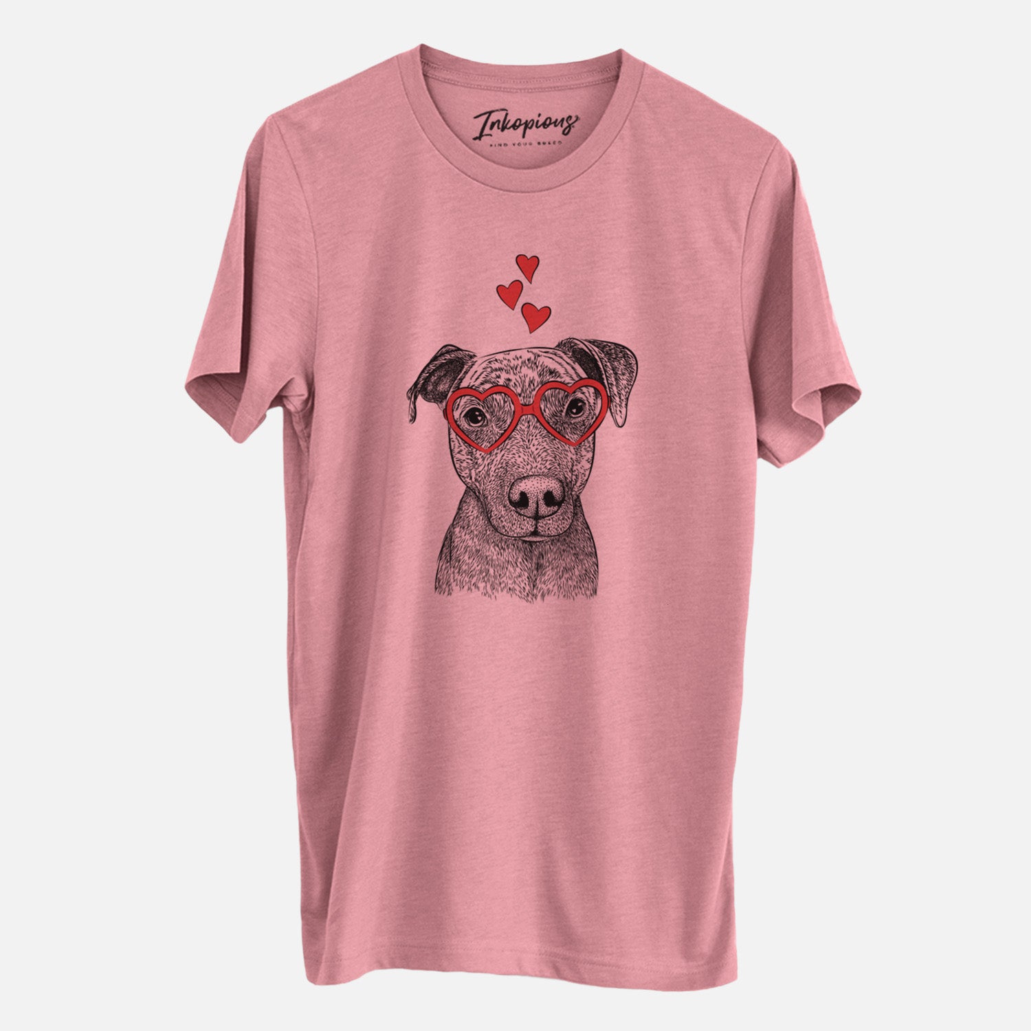 Hand-drawn sketch of Reeses the Pitbull wearing heart-shaped glasses on a Mauve Unisex crewneck, worn by a man