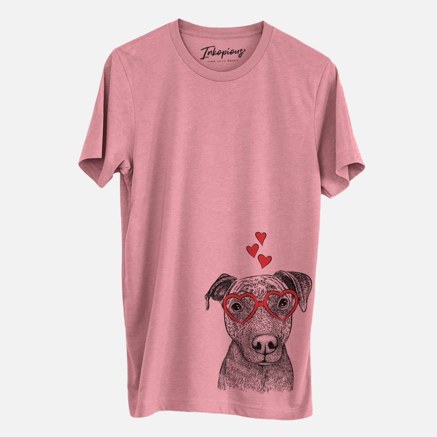 Hand-drawn sketch of Reeses the Pitbull wearing heart-shaped glasses on a Mauve Unisex crewneck, worn by a man