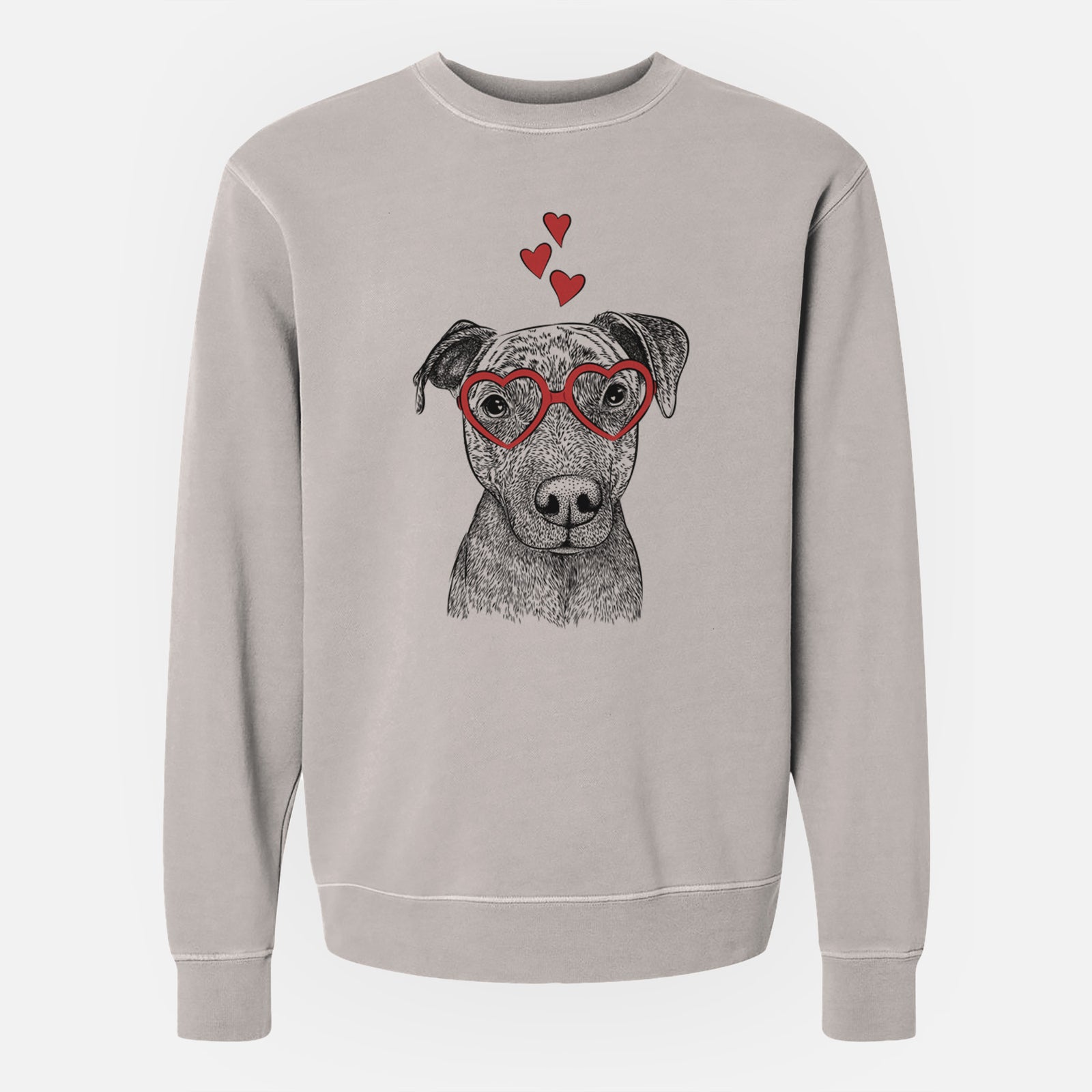 Hand-drawn sketch of Reeses the Pitbull wearing heart-shaped glasses on a Cement Unisex pigment dyed crew sweatshirt