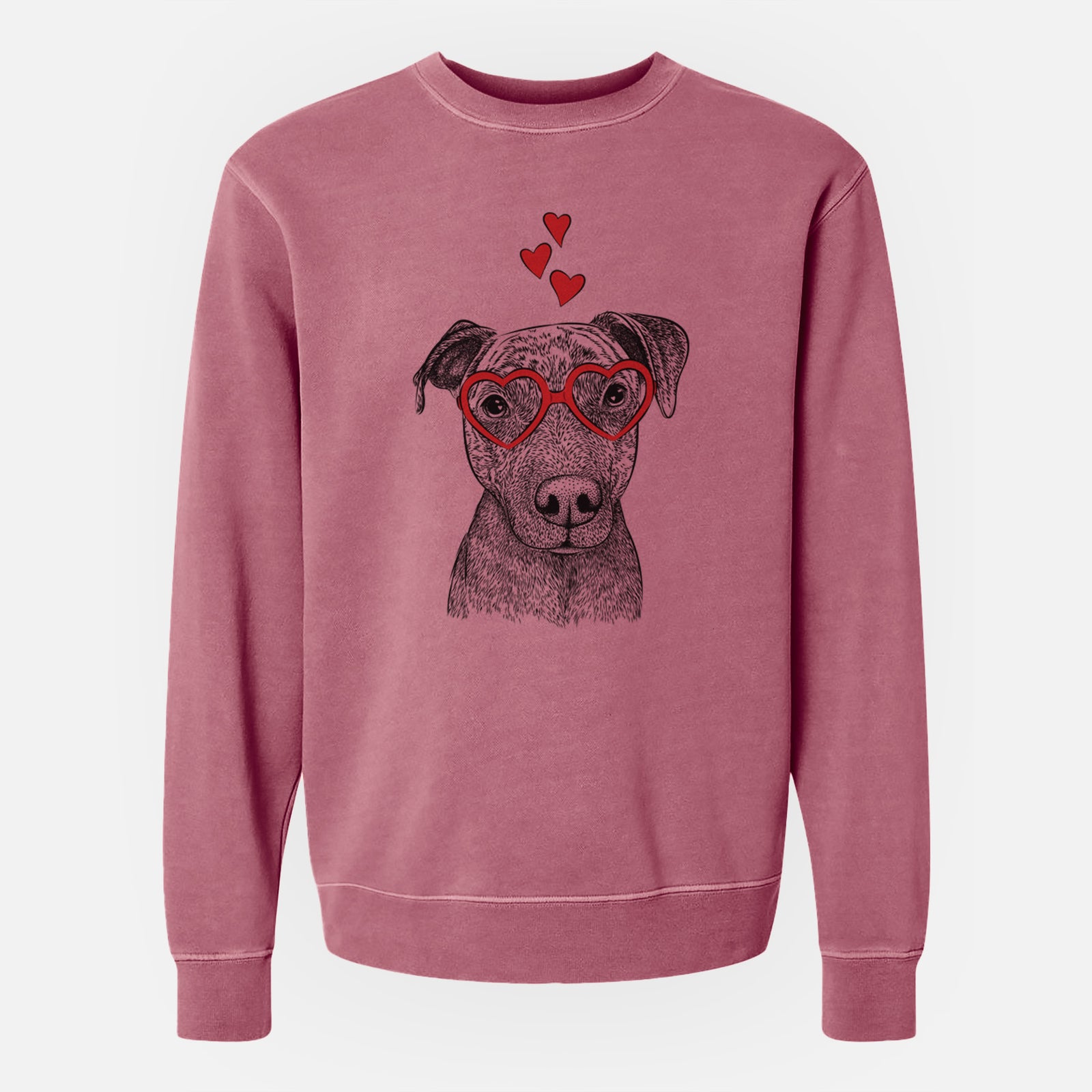 Hand-drawn sketch of Reeses the Pitbull wearing heart-shaped glasses on a Maroon Unisex pigment dyed crew sweatshirt