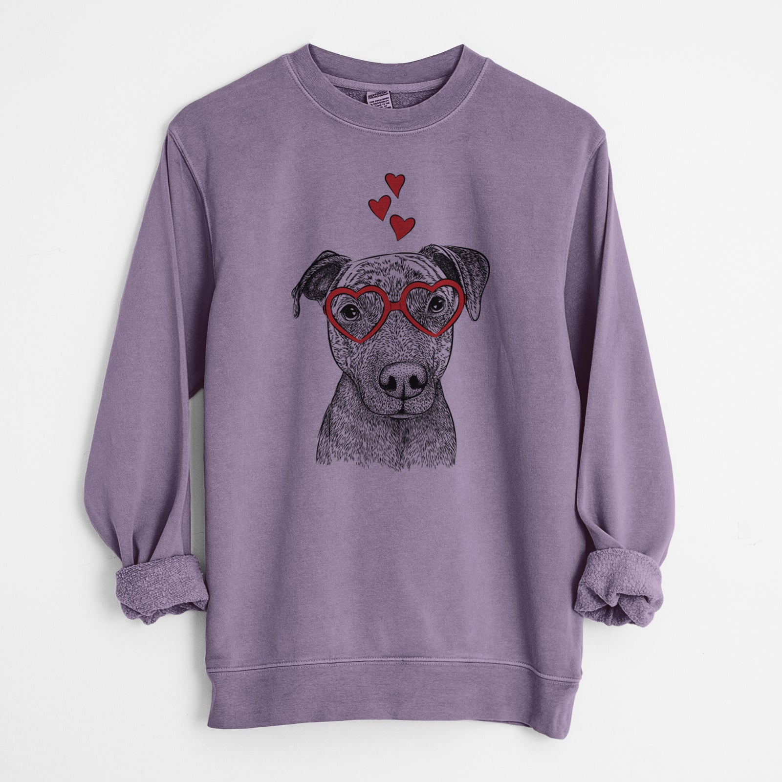 Hand-drawn sketch of Reeses the Pitbull wearing heart-shaped glasses on a Plum Unisex pigment dyed crew sweatshirt