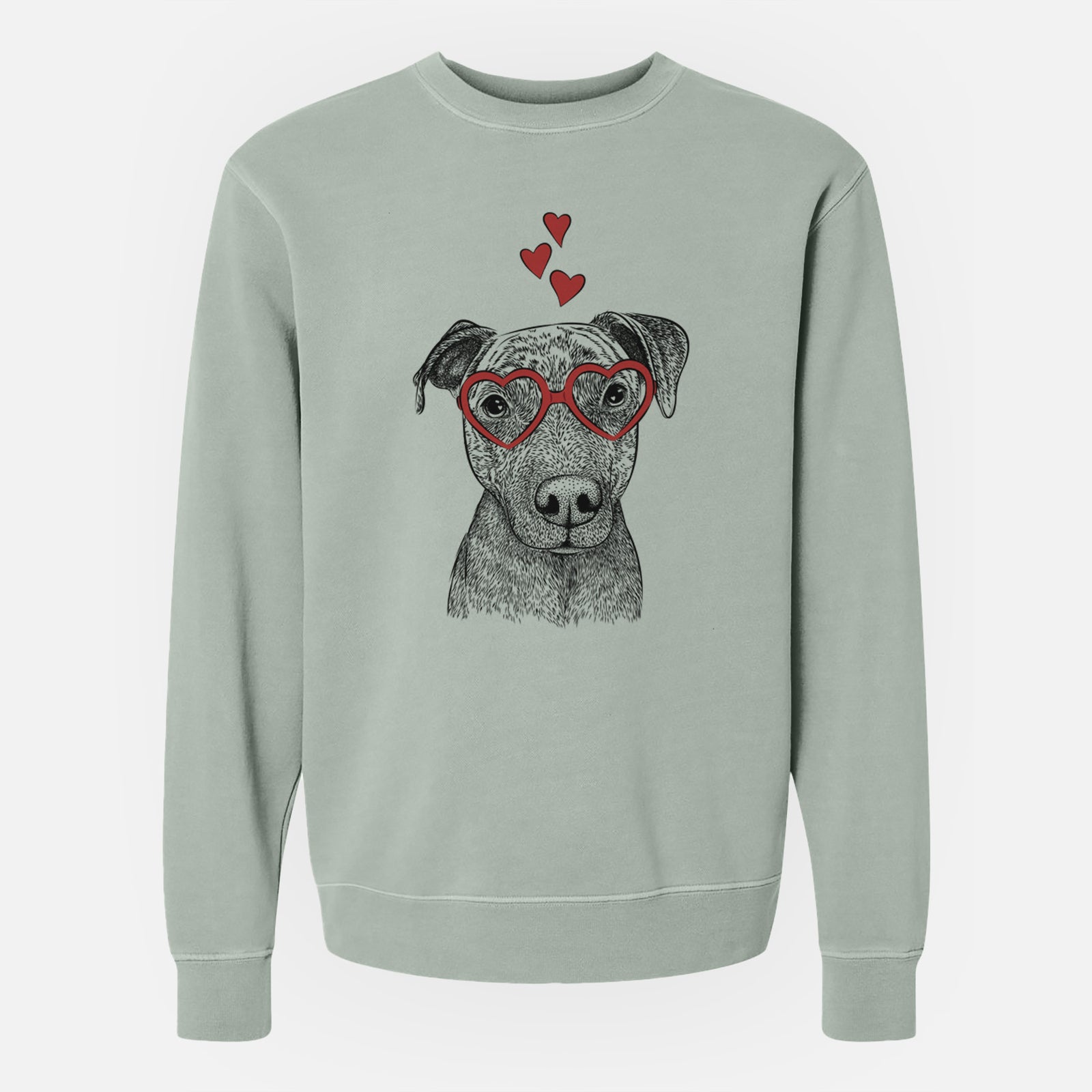 Hand-drawn sketch of Reeses the Pitbull wearing heart-shaped glasses on a Sage Unisex pigment dyed crew sweatshirt