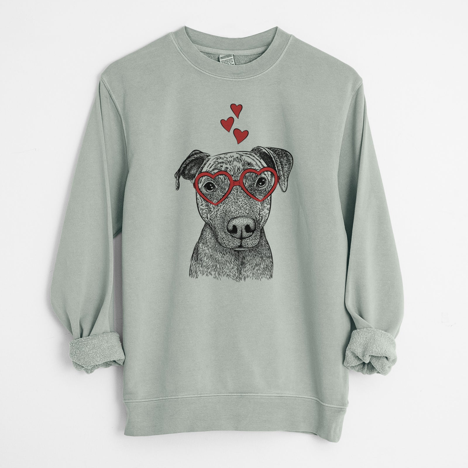 Hand-drawn sketch of Reeses the Pitbull wearing heart-shaped glasses on a Sage Unisex pigment dyed crew sweatshirt