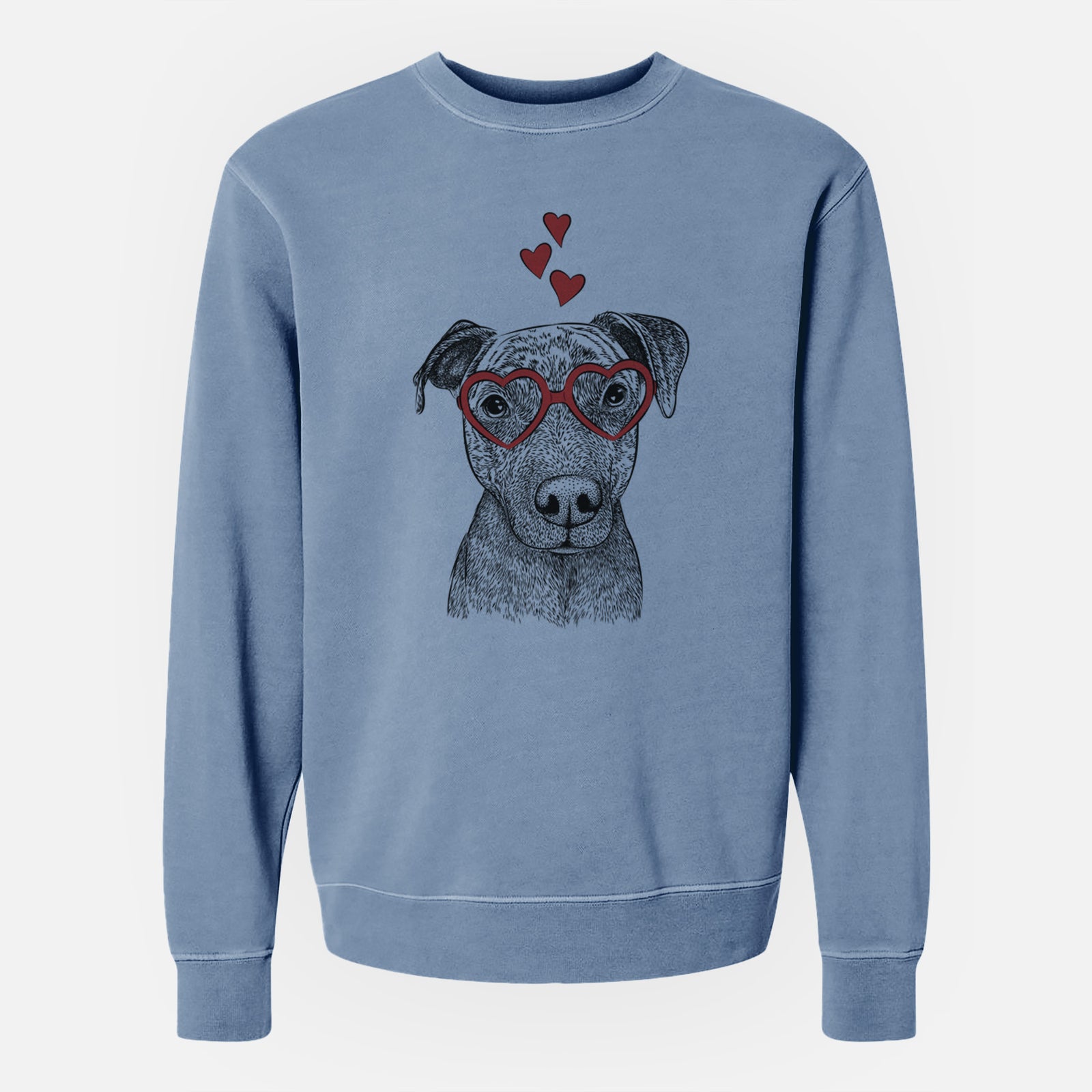 Hand-drawn sketch of Reeses the Pitbull wearing heart-shaped glasses on a Slate Blue Unisex pigment dyed crew sweatshirt