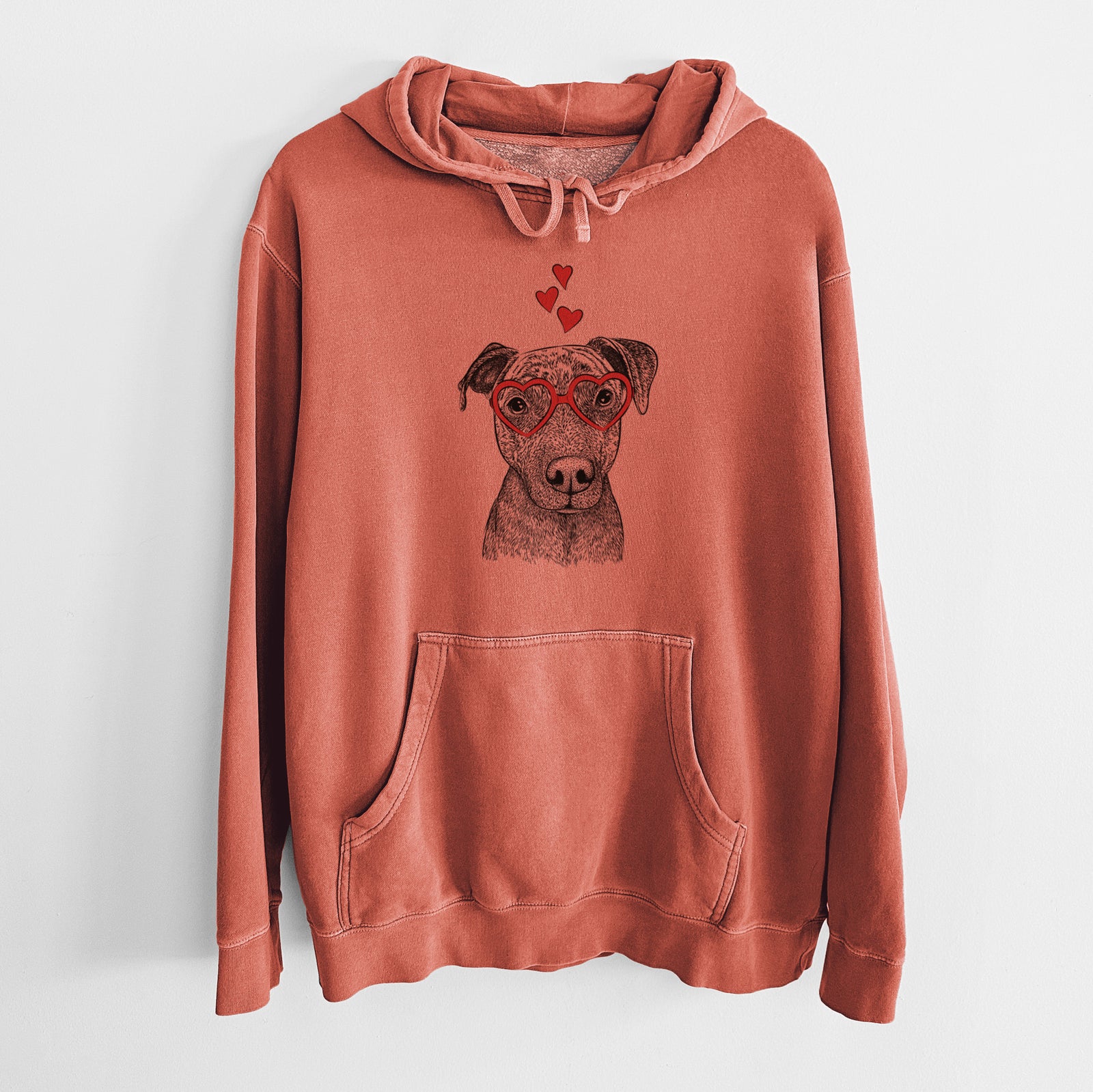 Hand-drawn sketch of Reeses the Pitbull wearing heart-shaped glasses on an Amber Unisex pigment dyed hoodie