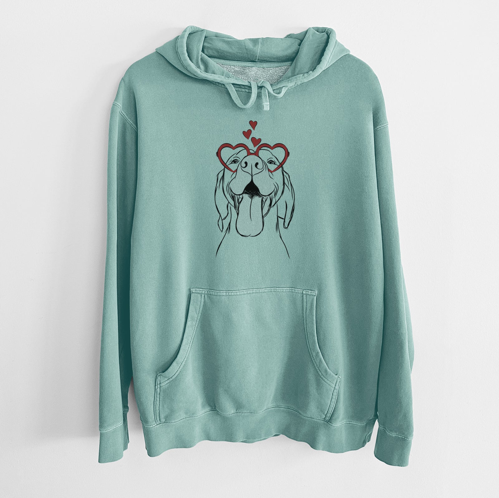 Hand-drawn sketch of Rhys the Vizsla wearing heart-shaped glasses on a Mint Unisex pigment dyed hoodie