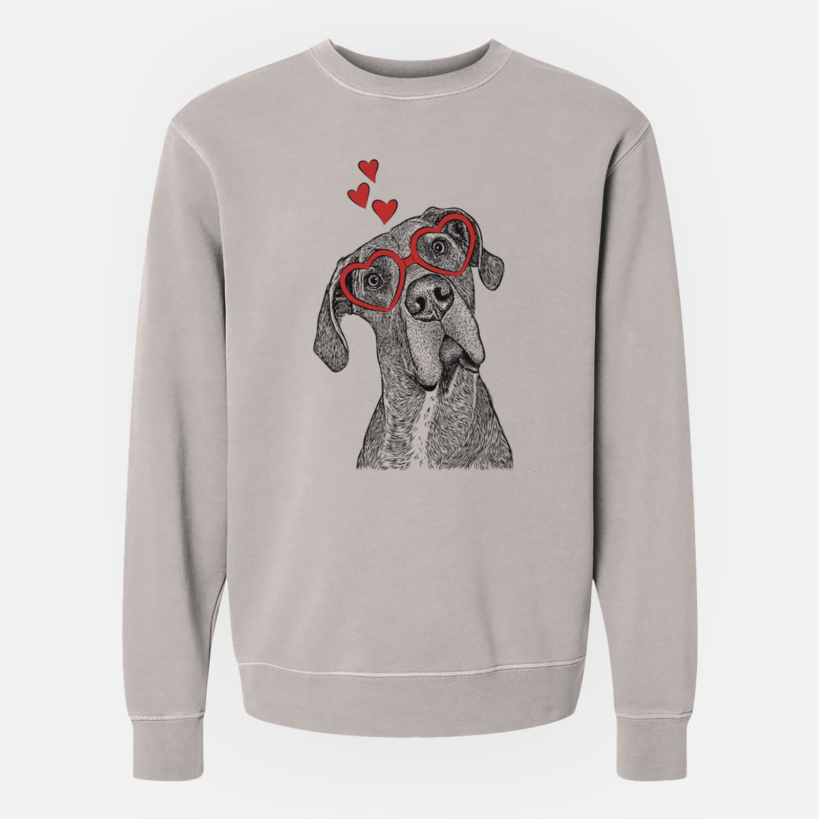 Hand-drawn sketch of River the Great Dane wearing heart-shaped glasses on a Cement Unisex pigment dyed crew sweatshirt