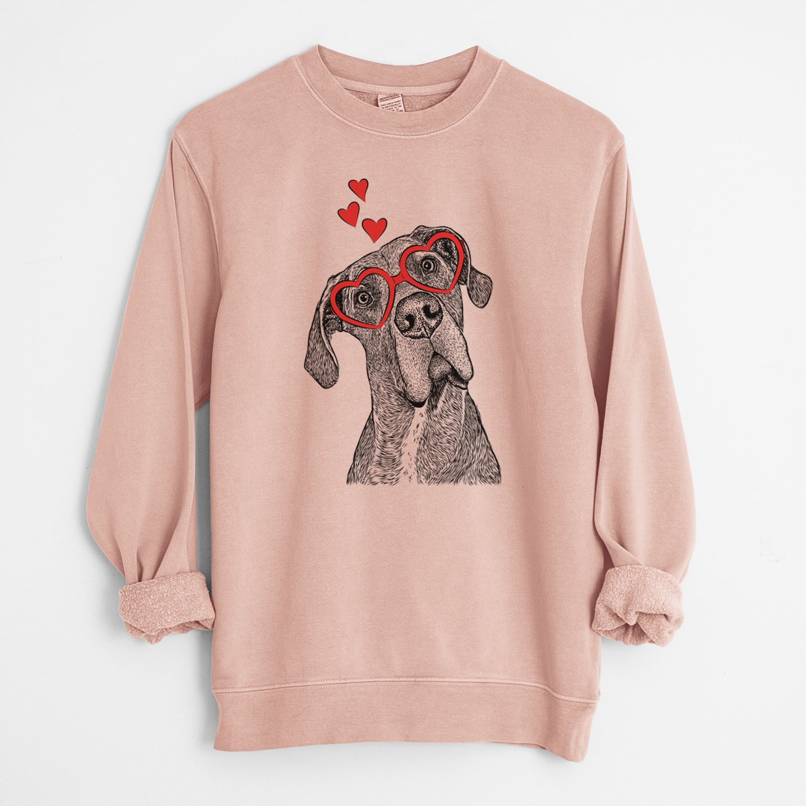Hand-drawn sketch of River the Great Dane wearing heart-shaped glasses on a Dusty Pink Unisex pigment dyed crew sweatshirt
