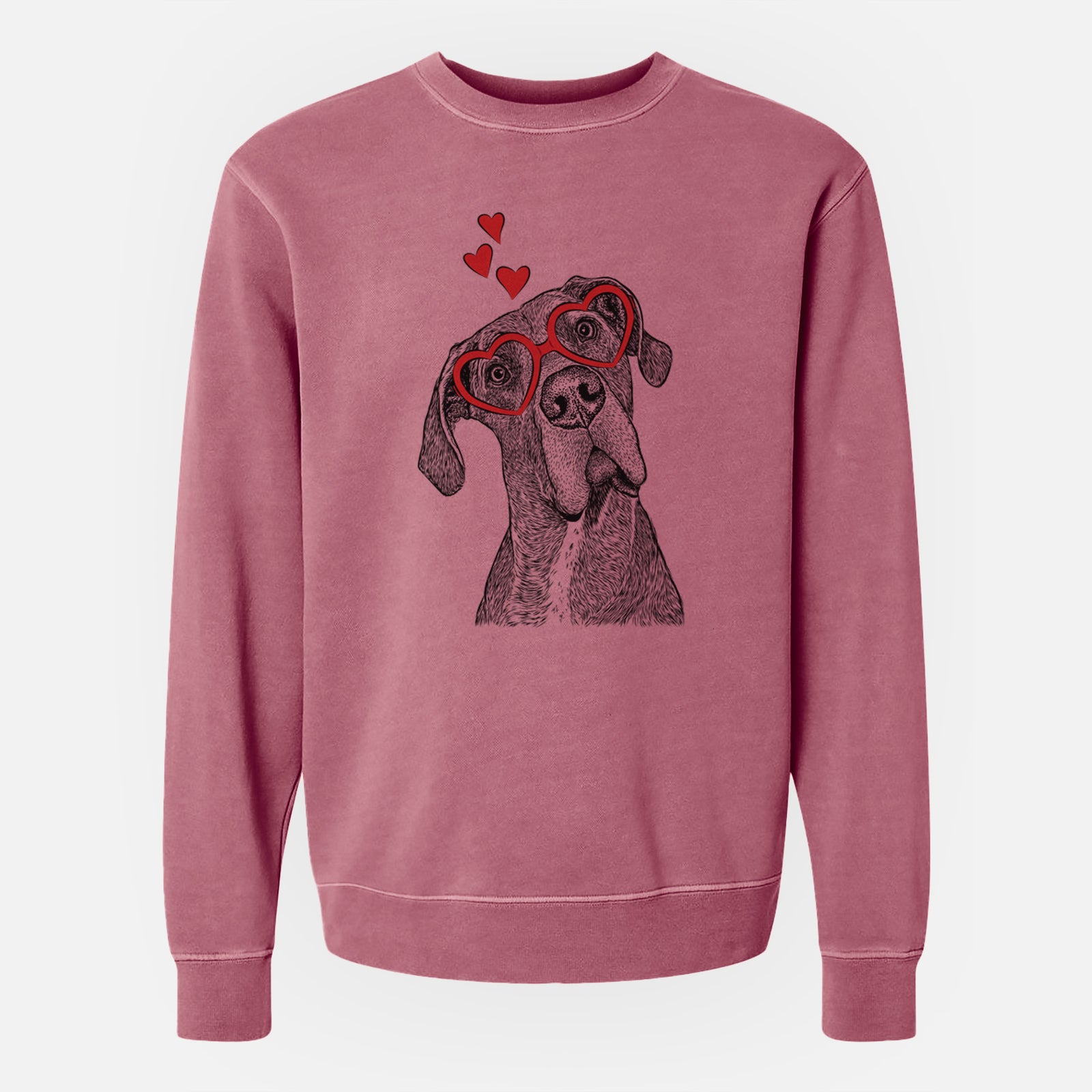Hand-drawn sketch of River the Great Dane wearing heart-shaped glasses on a Maroon Unisex pigment dyed crew sweatshirt