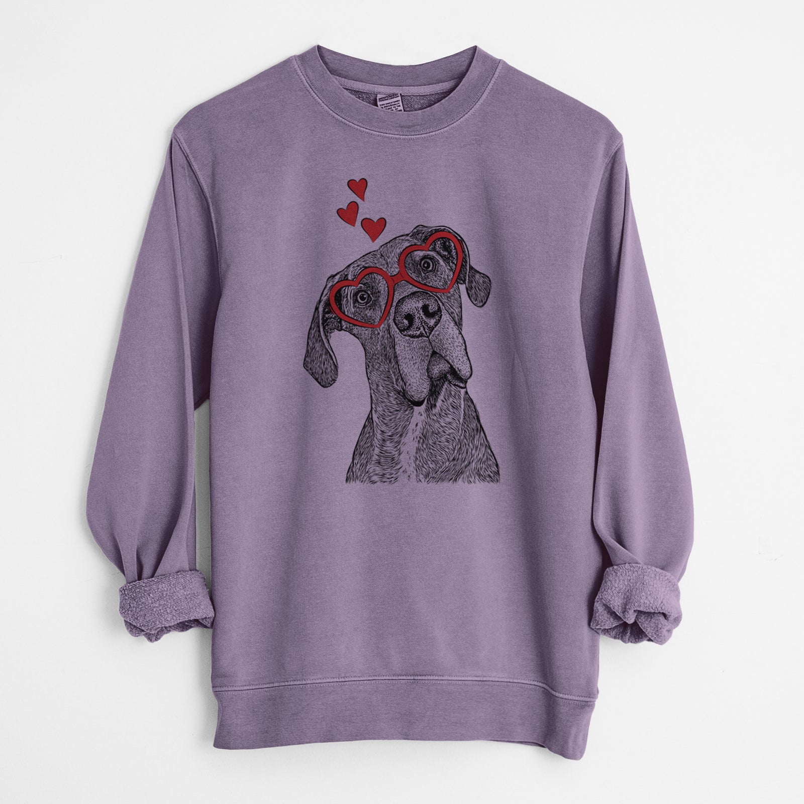 Hand-drawn sketch of River the Great Dane wearing heart-shaped glasses on a Plum Unisex pigment dyed crew sweatshirt