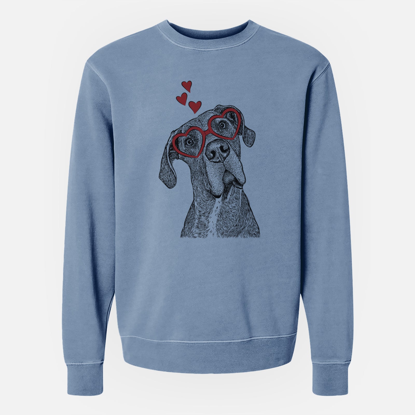 Hand-drawn sketch of River the Great Dane wearing heart-shaped glasses on a Slate Blue Unisex pigment dyed crew sweatshirt