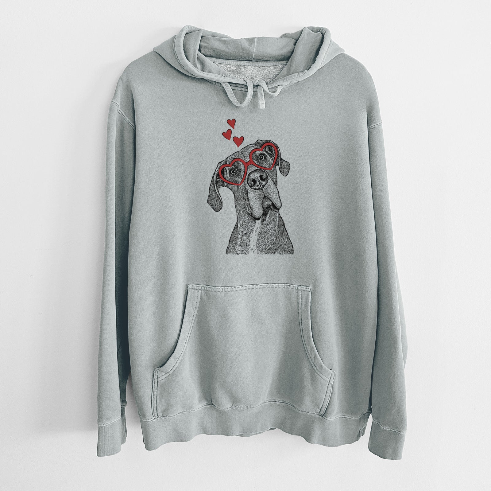 Hand-drawn sketch of River the Great Dane wearing heart-shaped glasses on a Sage Unisex pigment dyed hoodie