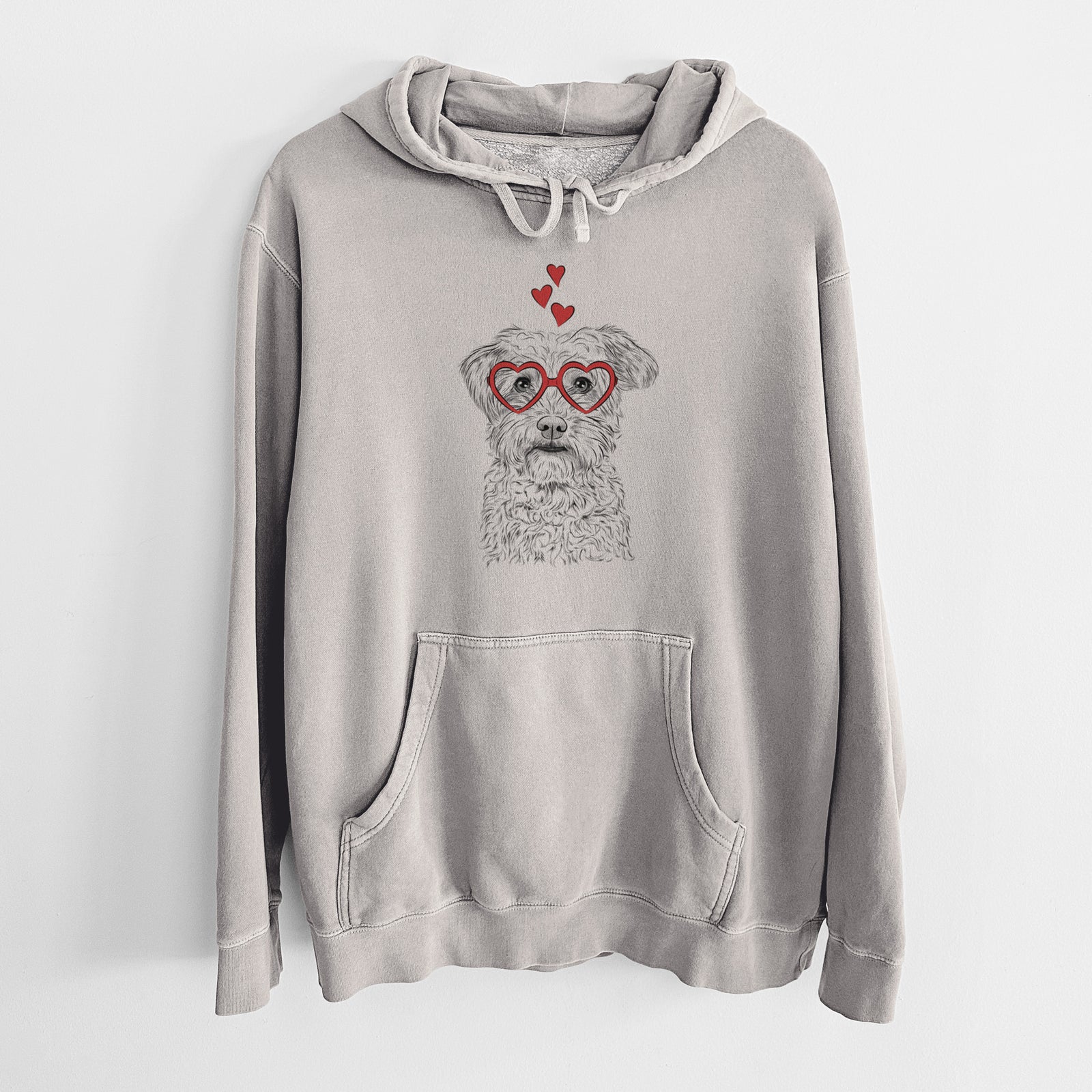 Hand-drawn sketch of Rudy the Schnoodle wearing heart-shaped glasses on a Cement Unisex pigment dyed hoodie