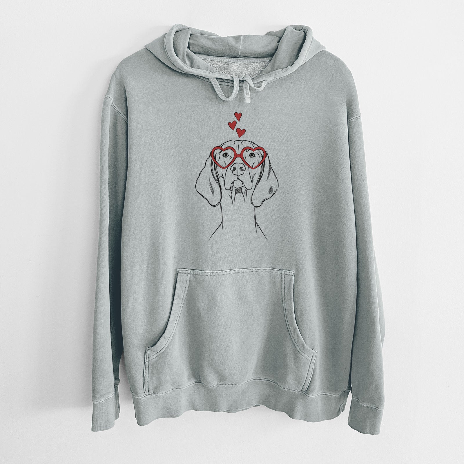 Hand-drawn sketch of Sawyer the Vizsla wearing heart-shaped glasses on a Sage Unisex pigment dyed hoodie