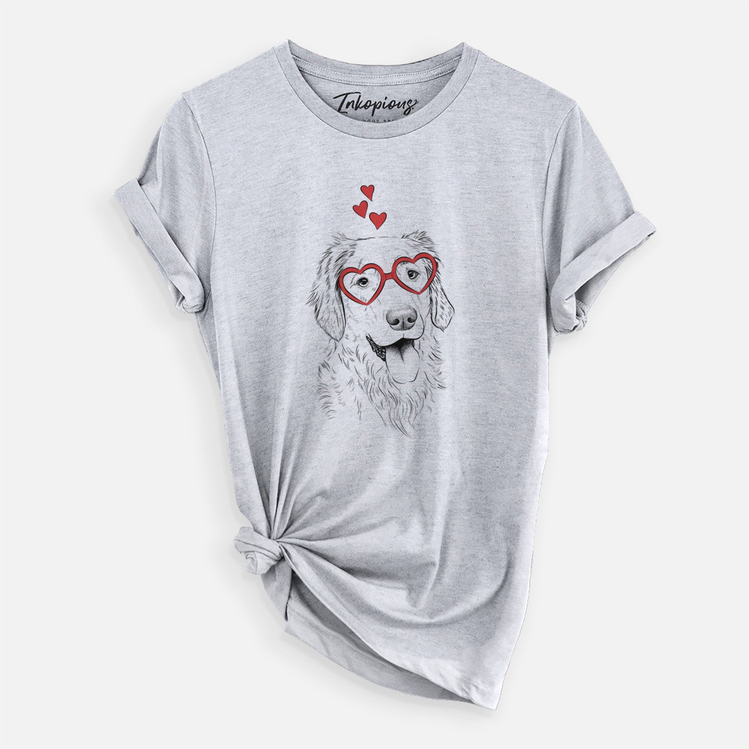 Hand-drawn sketch of Semba the Golden Retriever wearing heart-shaped glasses on a Grey Unisex crewneck