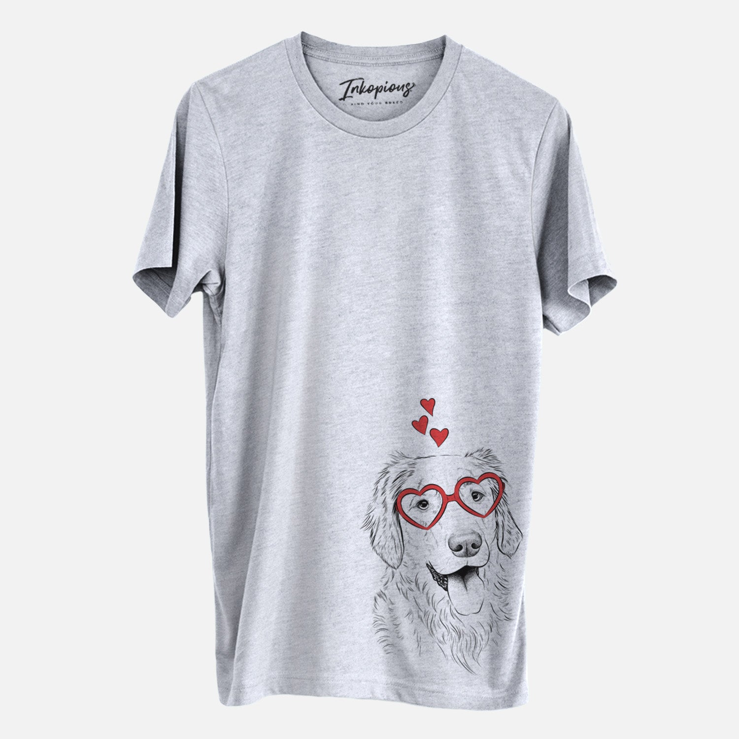 Hand-drawn sketch of Semba the Golden Retriever wearing heart-shaped glasses on a Grey Unisex crewneck