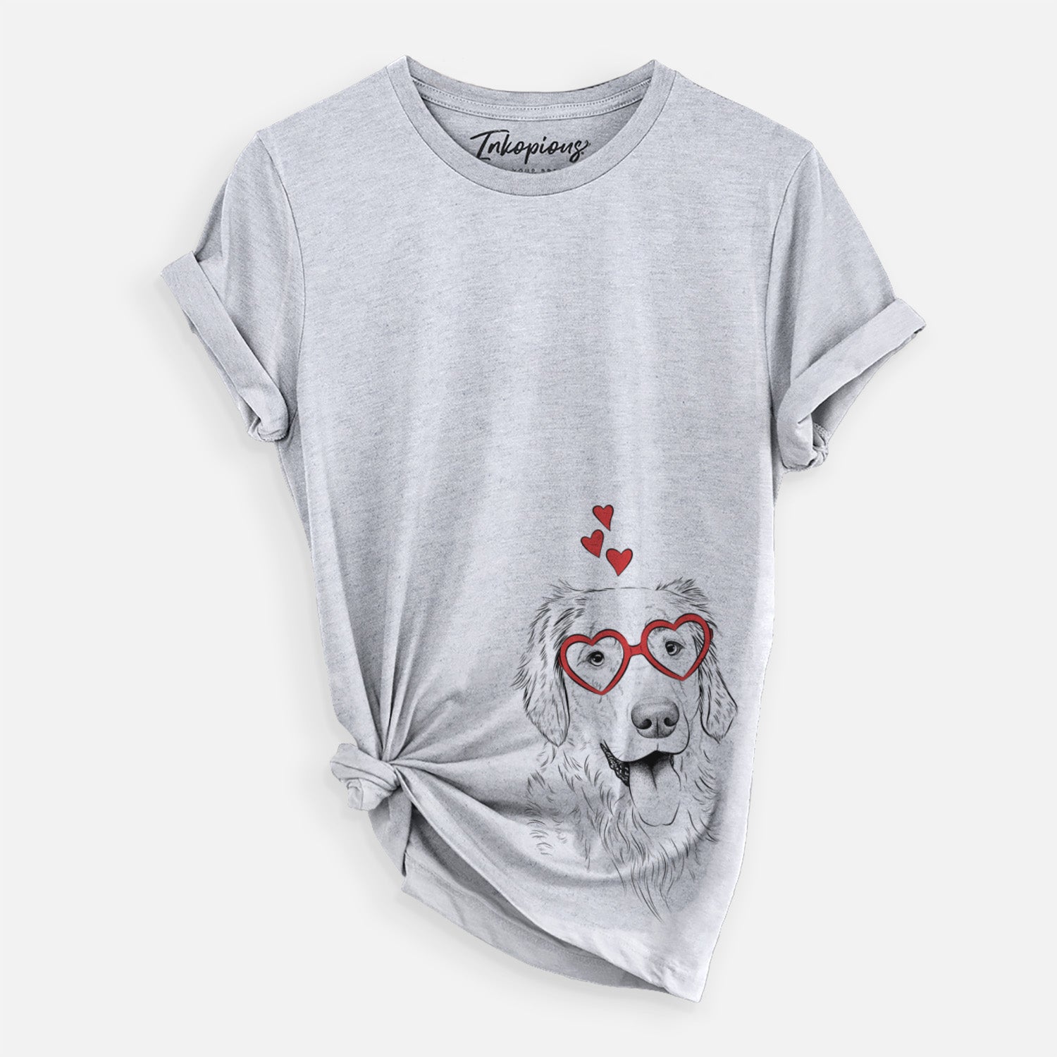 Hand-drawn sketch of Semba the Golden Retriever wearing heart-shaped glasses on a Grey Unisex crewneck