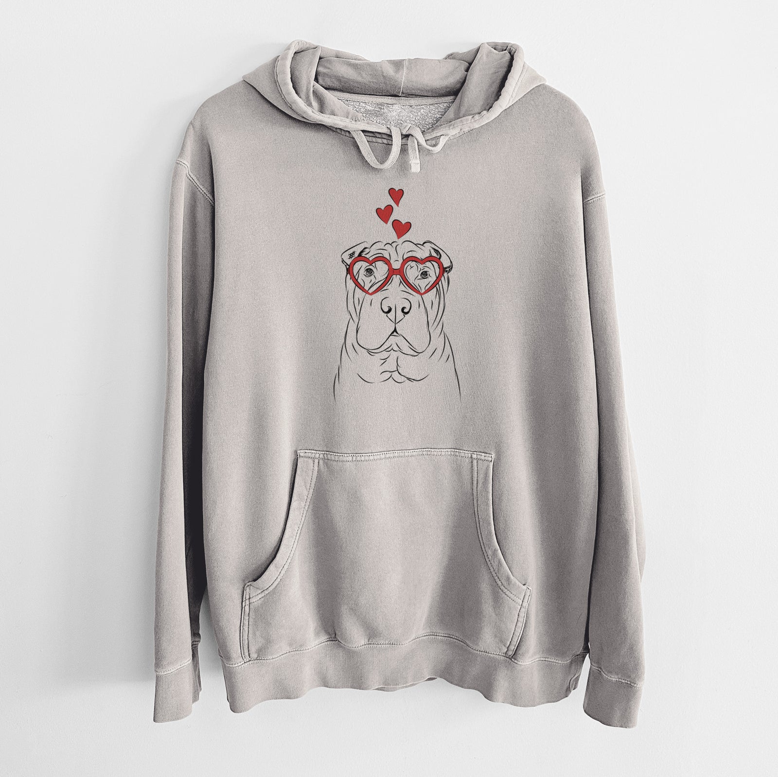 Hand-drawn sketch of Sharpy the Shar Pei wearing heart-shaped glasses on a Cement Unisex pigment dyed hoodie