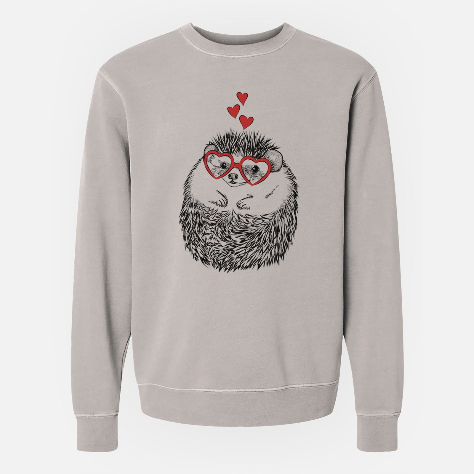 Hand-drawn sketch of Sid the Hedgehog wearing heart-shaped glasses on a Cement Unisex pigment dyed crew sweatshirt