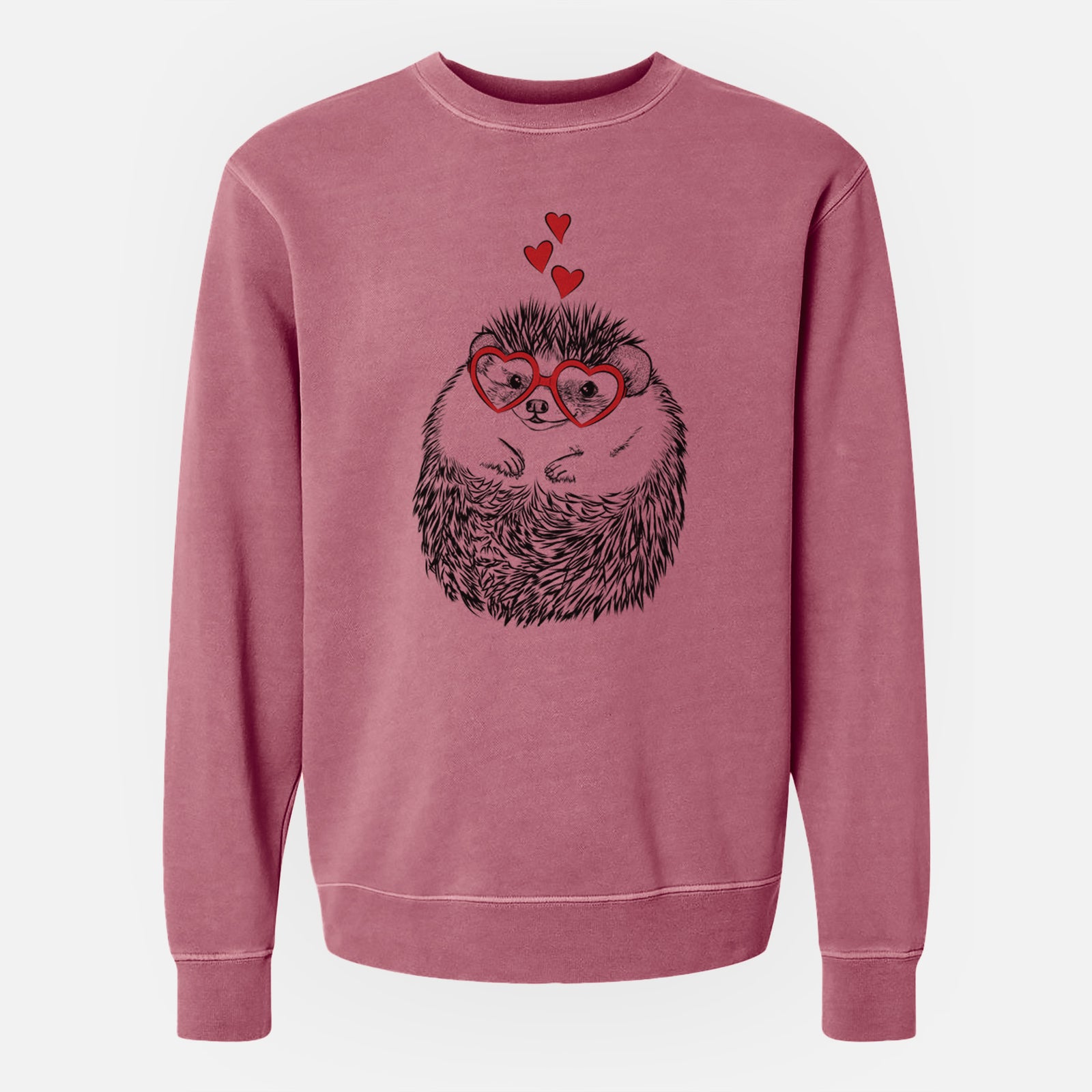 Hand-drawn sketch of Sid the Hedgehog wearing heart-shaped glasses on a Maroon Unisex pigment dyed crew sweatshirt
