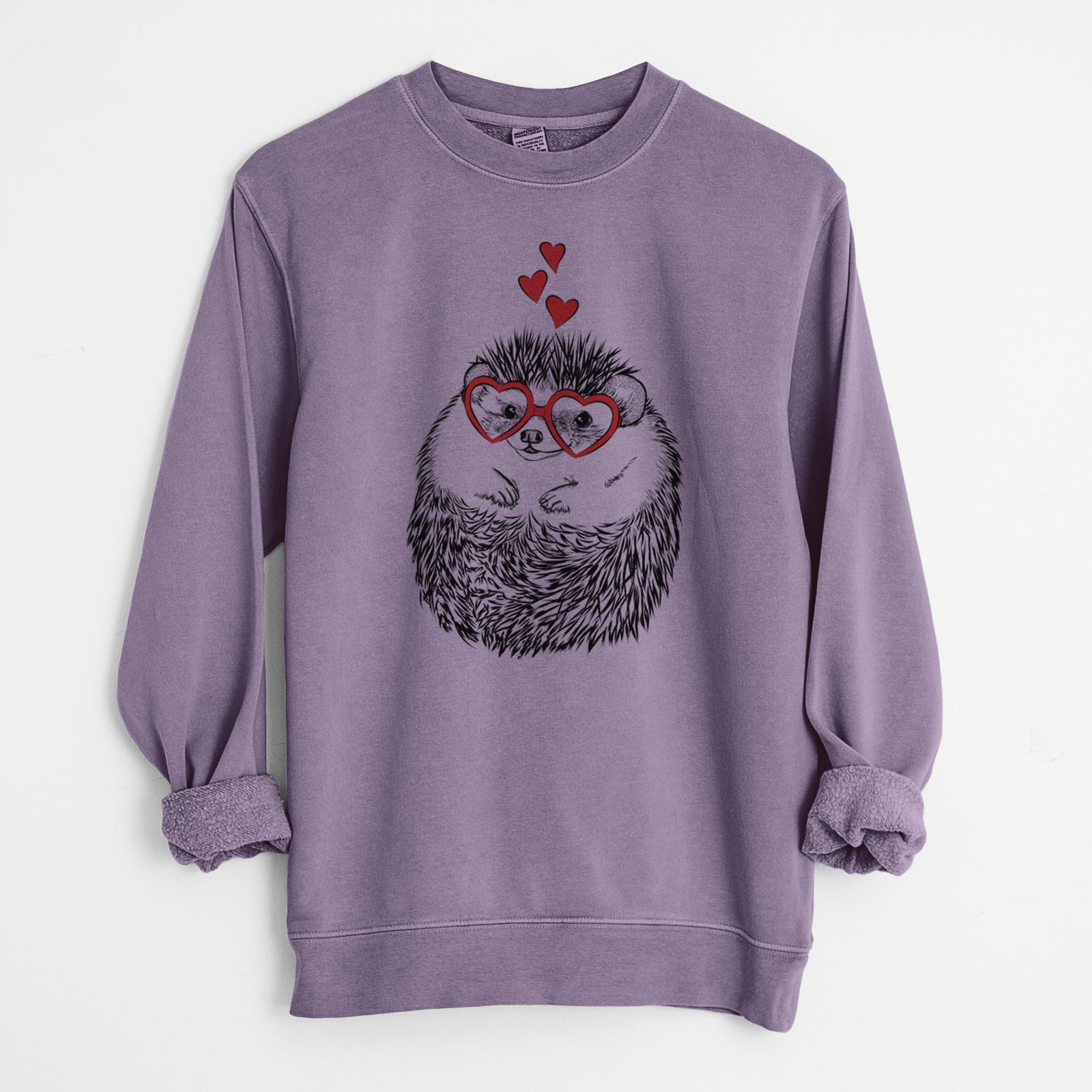 Hand-drawn sketch of Sid the Hedgehog wearing heart-shaped glasses on a Plum Unisex pigment dyed crew sweatshirt