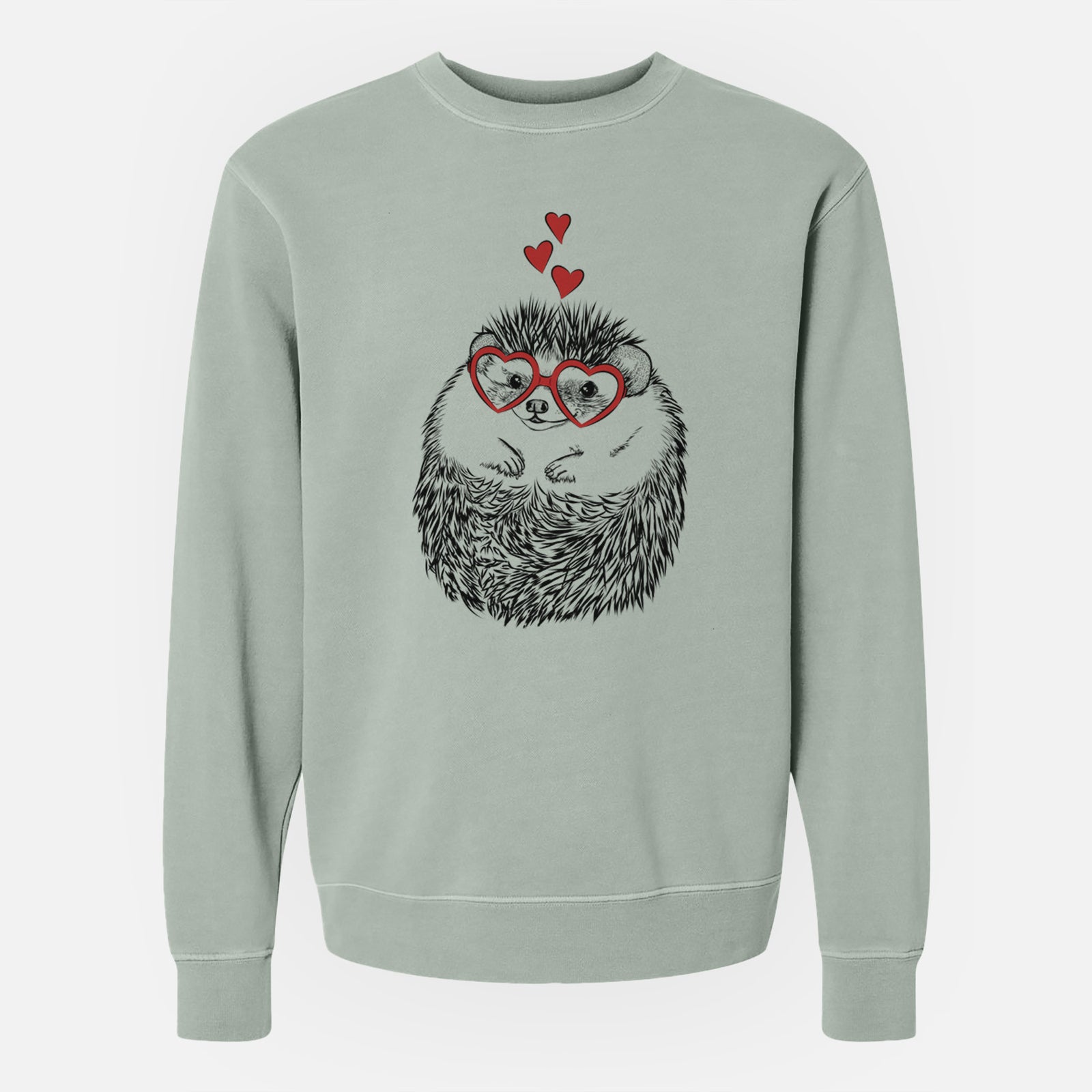 Hand-drawn sketch of Sid the Hedgehog wearing heart-shaped glasses on a Sage Unisex pigment dyed crew sweatshirt