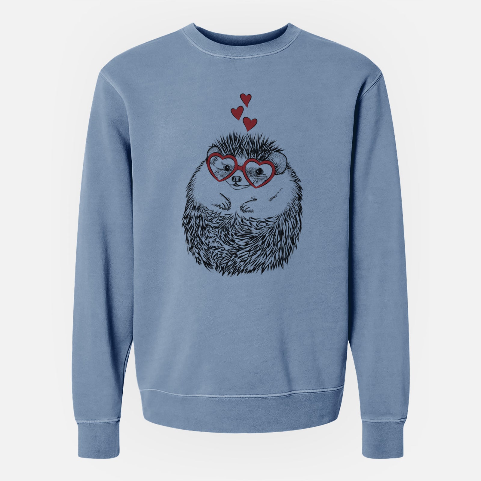 Hand-drawn sketch of Sid the Hedgehog wearing heart-shaped glasses on a Slate Blue Unisex pigment dyed crew sweatshirt