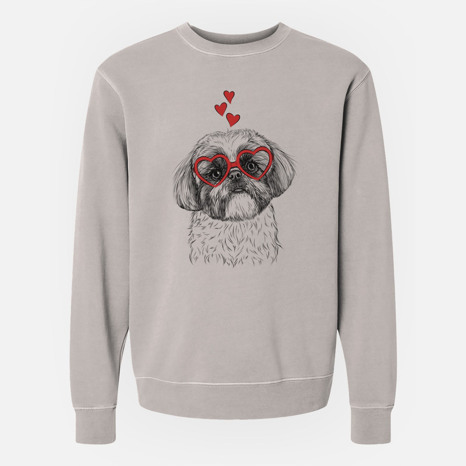 Hand-drawn sketch of Simon the Shih Tzu wearing heart-shaped glasses on a Cement Unisex pigment dyed crew sweatshirt