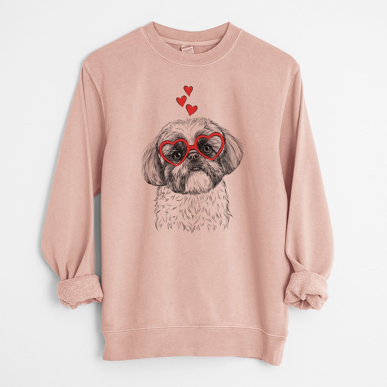 Hand-drawn sketch of Simon the Shih Tzu wearing heart-shaped glasses on a Dusty Pink Unisex pigment dyed crew sweatshirt