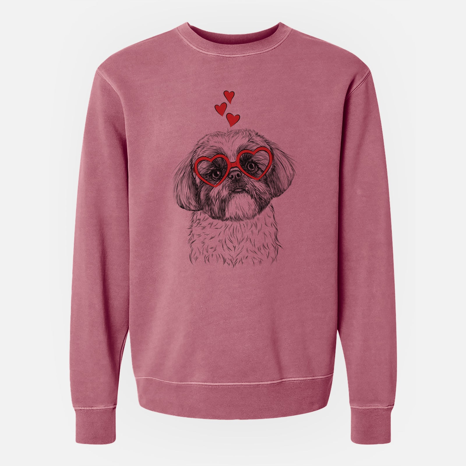 Hand-drawn sketch of Simon the Shih Tzu wearing heart-shaped glasses on a Maroon Unisex pigment dyed crew sweatshirt
