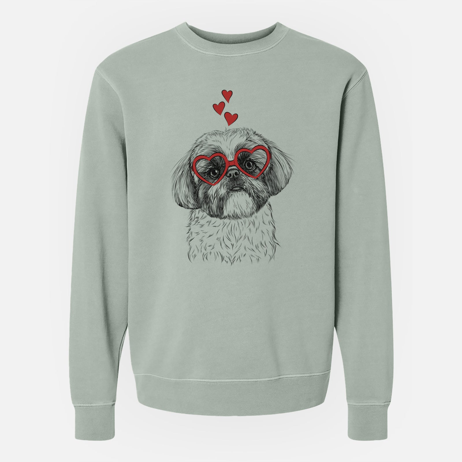 Hand-drawn sketch of Simon the Shih Tzu wearing heart-shaped glasses on a Sage Unisex pigment dyed crew sweatshirt