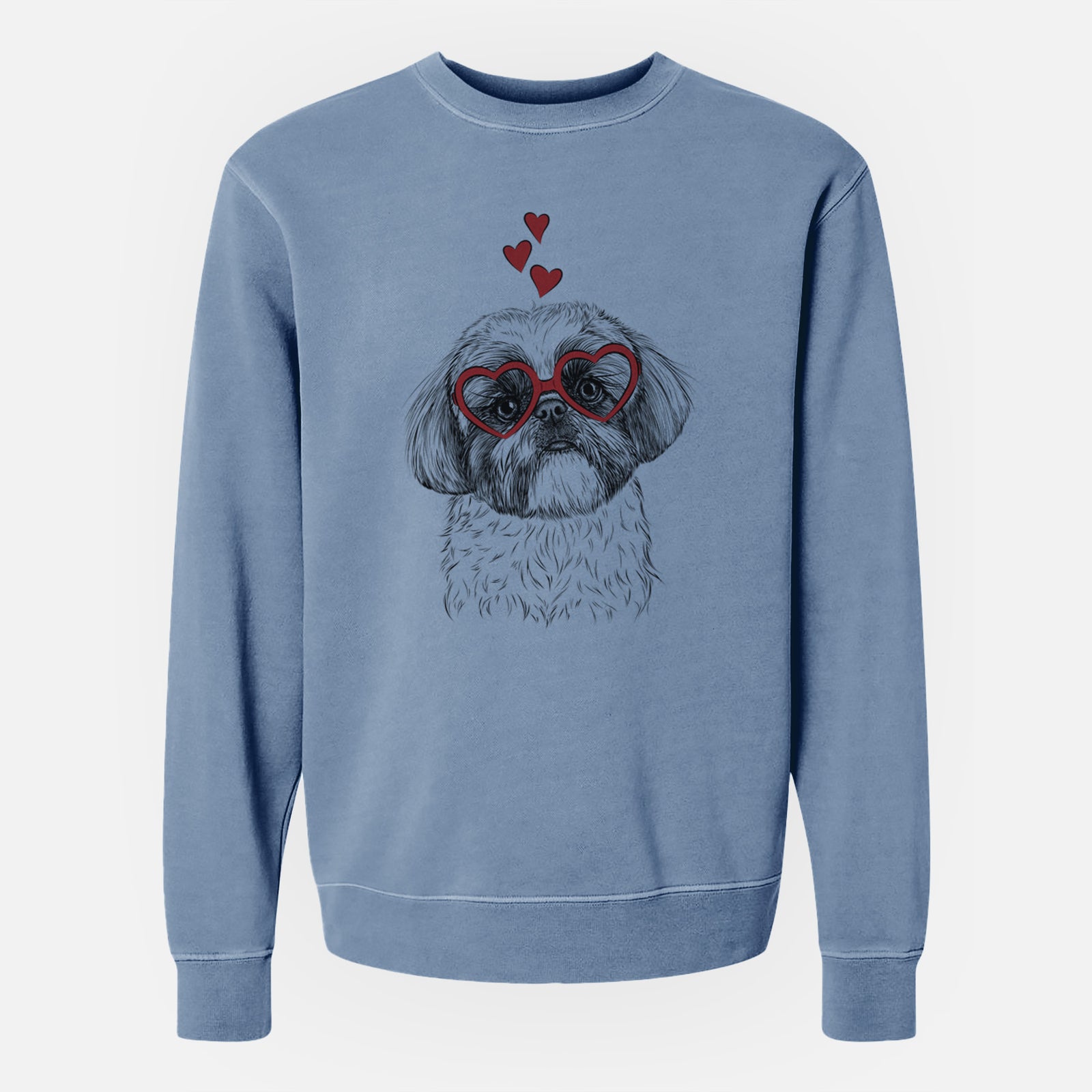 Hand-drawn sketch of Simon the Shih Tzu wearing heart-shaped glasses on a Slate Blue Unisex pigment dyed crew sweatshirt